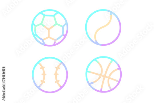 Vibrant gradient outline icons representing popular sports balls like soccer, tennis, baseball, and basketball