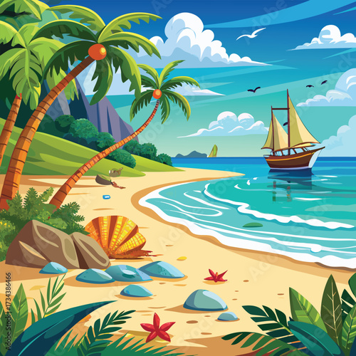 Dreamy island beach with golden sand, clear sea water and coconut palm trees vector art