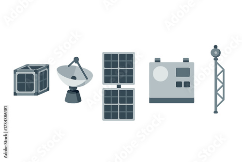 Modern space technology and communication equipment components including satellite dish, solar panels, and antenna