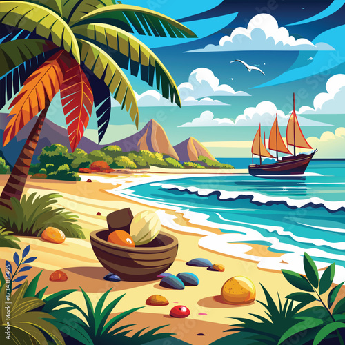 Beautiful tropical paradise with palm leaves framing seascape and fishing boat at shore artwork