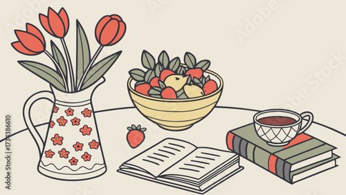 A charming still life scene featuring a vase of red tulips, a bowl of mixed fruit, a cup of coffee, and an open book, all set on a table with a light background