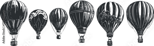 Collection of various hot air balloons in different styles and designs for travel and adventure..