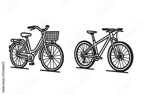 Stylized outline of two bicycles, a classic city bike with a front basket and a robust mountain bike, representing urban and outdoor cycling