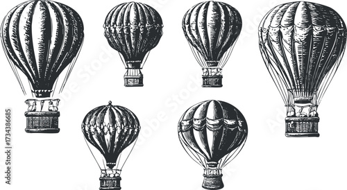A collection of vintage hot air balloons illustrated in a detailed sketch style..