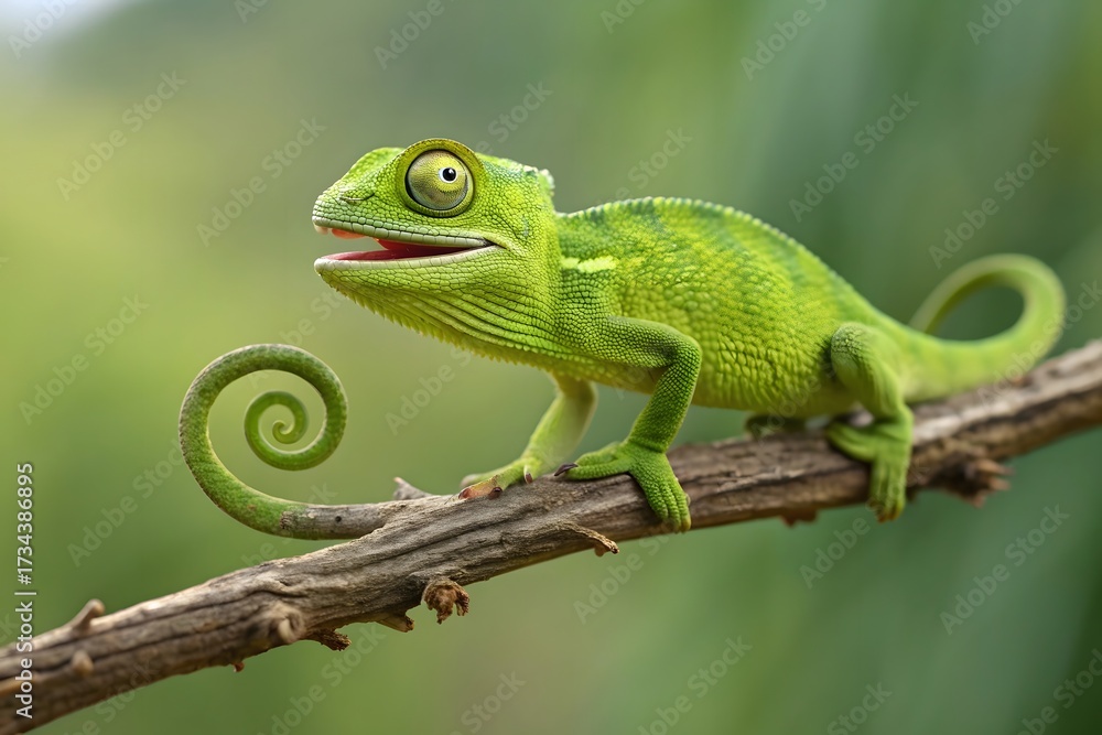 Fototapeta premium A smiling green chameleon perched on a tree branch