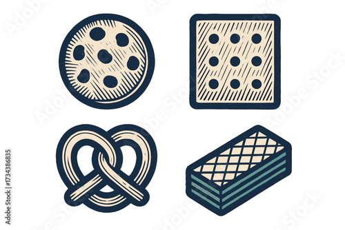 Variety of delicious baked goods and sweet treats including a chocolate chip cookie, savory cracker, classic pretzel, and layered wafer