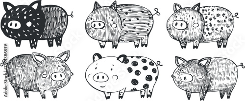 A playful illustration featuring various cute cartoon pigs in different poses and expressions..