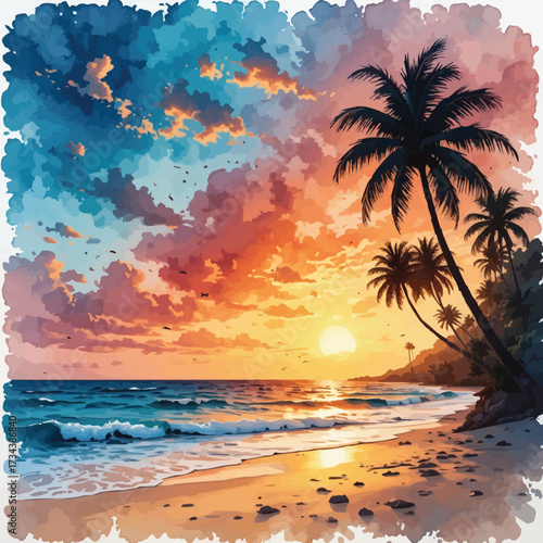 Vibrant exotic coastline with tall palm trees, sandy beach and turquoise waves digital illustration