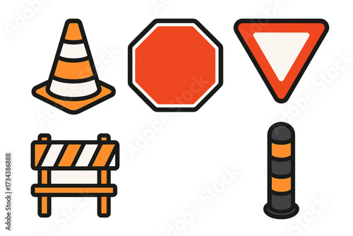 Essential road safety signs and construction site equipment including stop, yield, cone, barrier, and bollard for traffic management