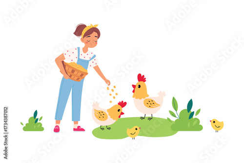 Woman Farmer Character Feed Chicken with Grain Vector Illustration