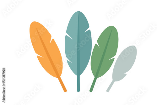 Group of colorful stylized feathers in various sizes and pastel tones arranged together on a clean white background