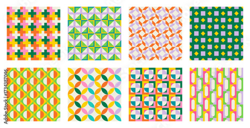 Set of Essential geometric printable seamless pattern with abstract Minimal elegant line form stroke shapes in vibrant colors. Modern simple background in minimalist mid century style vector wall art