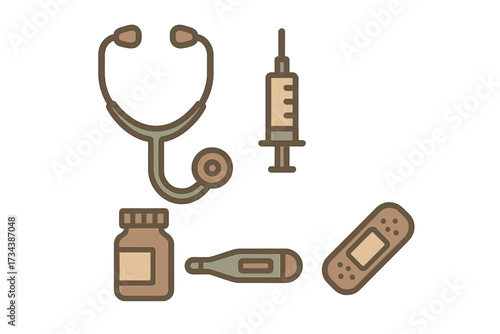 Collection of essential medical tools and healthcare supplies including stethoscope, syringe, thermometer, medicine bottle, and bandage