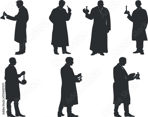 Silhouettes of scientists conducting experiments in a laboratory setting with various equipment..