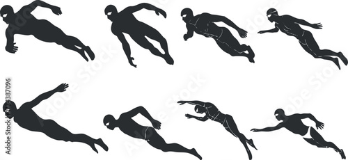 Illustration of a swimmer in various dynamic poses showcasing swimming techniques and movements..