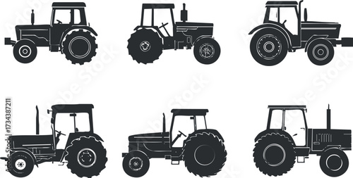 A collection of six silhouettes of different tractor designs for agricultural use..