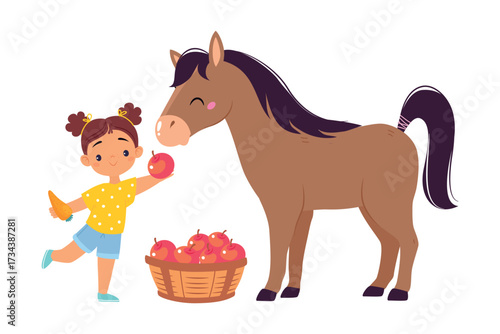 Girl Farmer Character Feed Horse with Apple Vector Illustration
