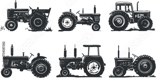 Collection of vintage tractor silhouettes showcasing different designs and styles from agriculture..