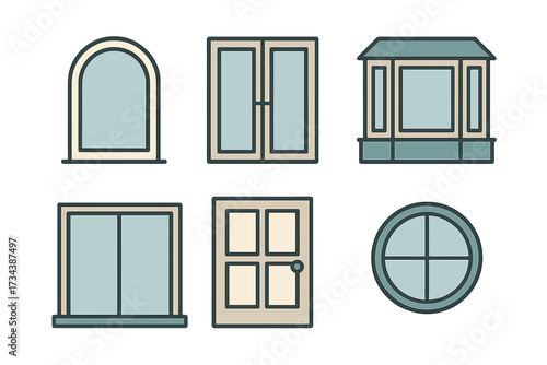 Diverse collection of architectural window and door designs featuring arched, bay, double hung, sliding, and panel styles