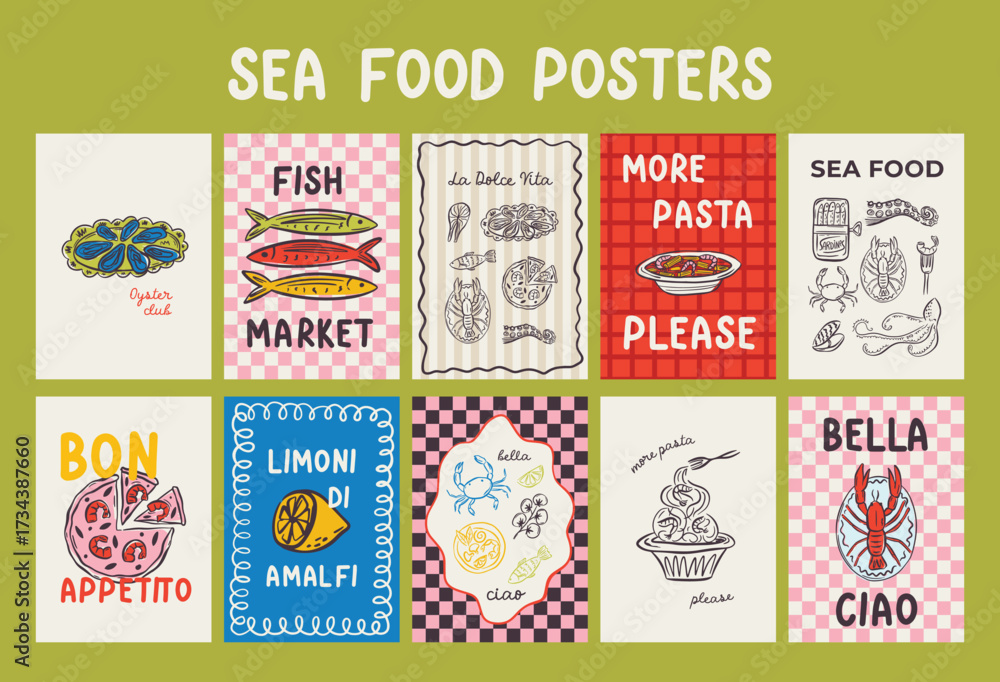 Naklejka premium Whimsical hand drawn sea food poster and menu template in trendy whimsical style. Perfect doodle for quirky italian dinner restaurant and cafe, kitchen wall art, poster, party, birthday, sign