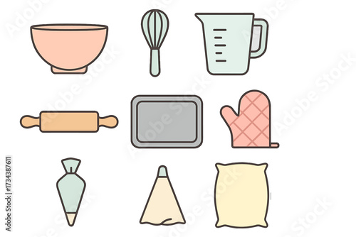 Collection of essential kitchen baking tools and cooking utensils for home chefs and pastry makers
