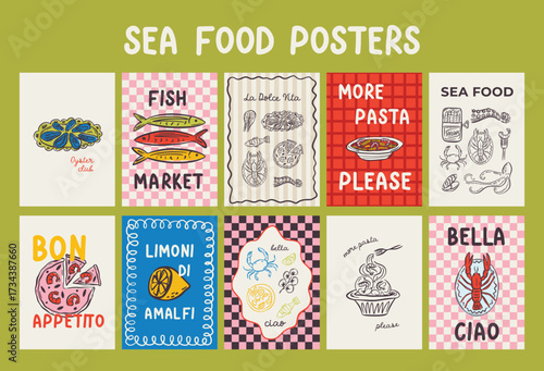 Whimsical hand drawn sea food poster and menu template in trendy whimsical style. Perfect doodle for quirky italian dinner  restaurant and cafe, kitchen wall art, poster,  party, birthday, sign