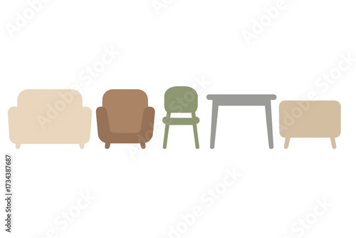Collection of modern minimalist furniture pieces including armchairs, chair, table, and bench for interior design concepts