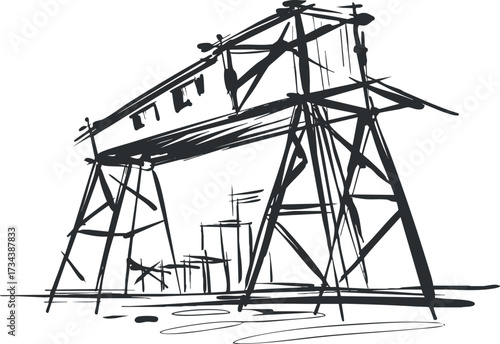 A minimalist sketch of power lines and transmission towers in a rural landscape..