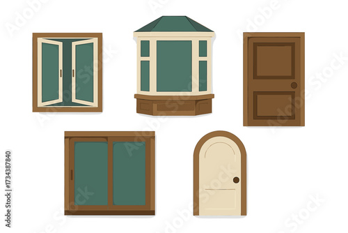 Set of diverse architectural elements including various windows and doors for building design projects and home construction