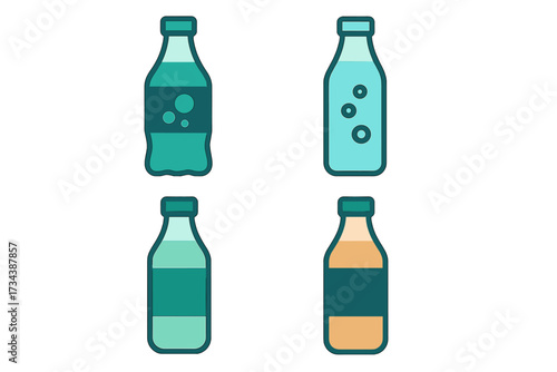 Assortment of colorful beverage bottles with distinct shapes and labels containing various refreshing liquids, perfect for product display