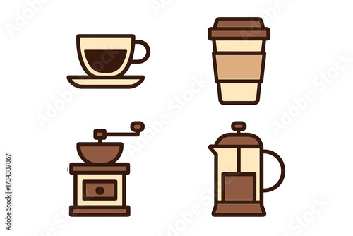 Assortment of coffee items including a classic cup, disposable mug, manual grinder, and French press for hot beverages