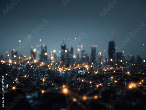Futuristic skyline with glowing network lines represents business and finance innovation in modern cityscape at night