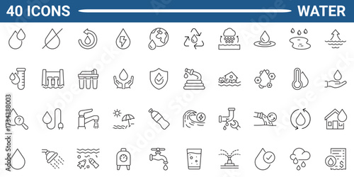 Water line editable icon set. Containing water, drop, rain, glass of water, shower, drinking water and more. Editable stroke. Vector illustration