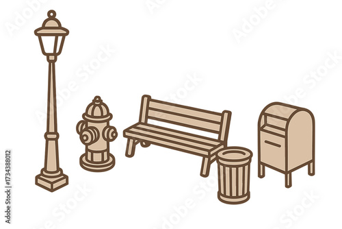 Isometric view of various public street amenities like a lamppost, fire hydrant, park bench, garbage can, and post box