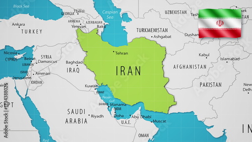 Iran on the World Map with the country's national flag flying.
