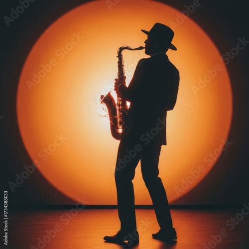 Silhouette of man playing saxophone against a glowing orange background  