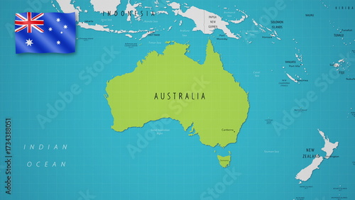 Australia on the World Map with the country's national flag flying.