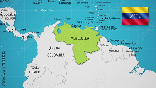 Venezuela on the World Map with the country's national flag flying.
