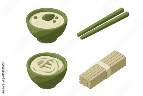 Stylized isometric bowls of noodles with green chopsticks and dry pasta bundle for Asian cuisine food concepts