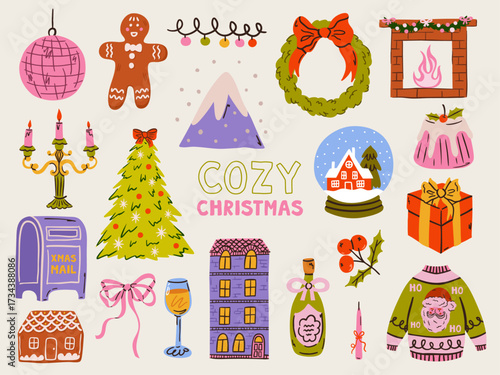 Whimsical Christmas doodle set with festive icons: tree, wreath, Santa, pie, and snow. Hand-drawn vector elements perfect for holiday cards, invitations, or winter party decor