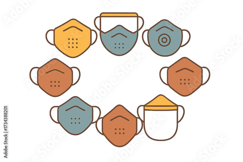 Circular arrangement of diverse protective face masks in various styles and colors for health, safety, and disease prevention