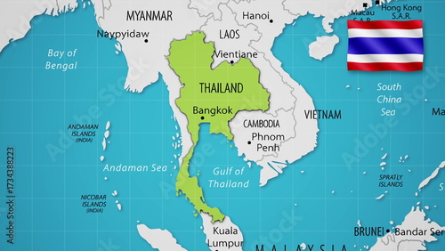 Thailand on the World Map with the country's national flag flying.