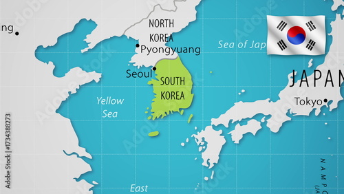 South Korea on the World Map with the country's national flag flying.