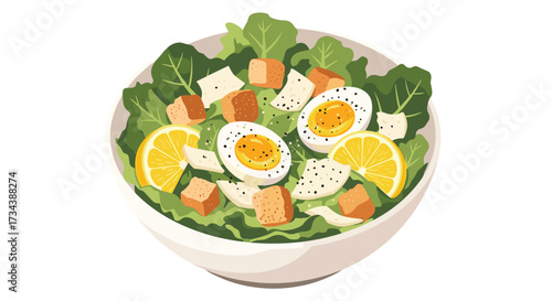 A delicious bowl of caesar salad with fresh ingredients and lemon wedges.