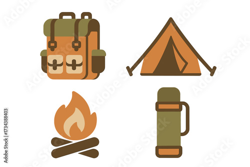 Outdoor adventure essentials set including backpack, camping tent, warm campfire, and insulated thermos
