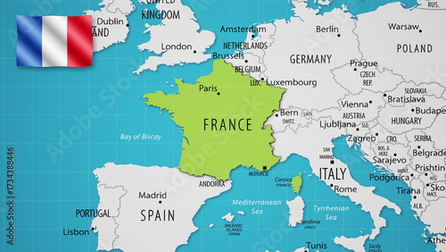 France on the World Map with the country's national flag flying.