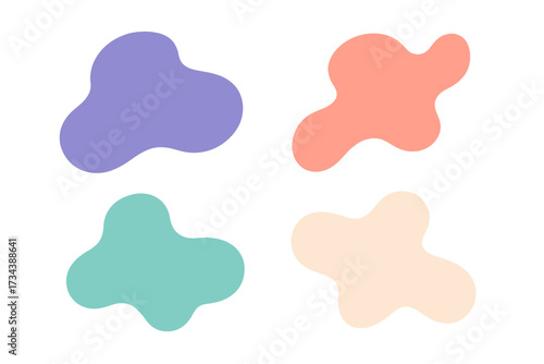 Four abstract organic blob shapes with smooth curves in soft pastel colors on a clean white background for modern design