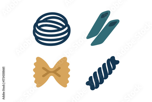 Assortment of popular Italian pasta shapes featuring penne, farfalle, fusilli, and coiled spaghetti