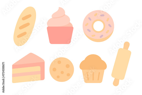 Sweet and savory baked goods assortment with rolling pin, including bread, cupcakes, donut, cake, cookie, and muffin