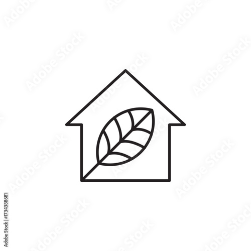 Eco House Outline Icon with Leaf Green Architecture